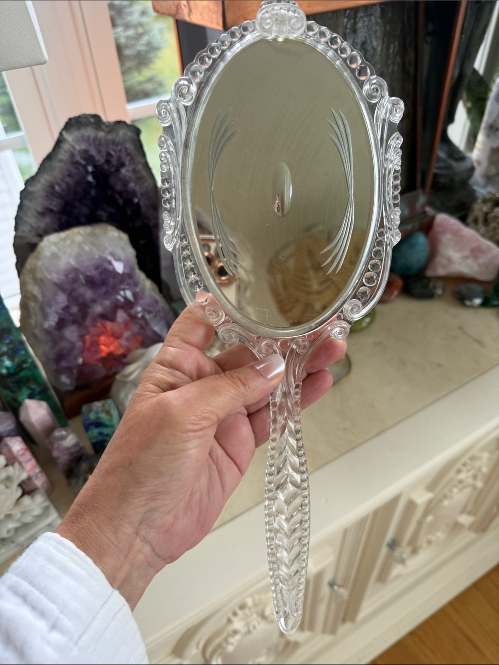 Vintage Clear Lucite Handheld Vanity Mirror